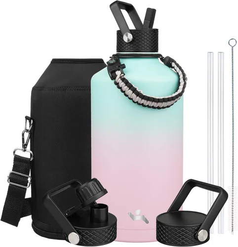 Vista 13 de Konokyo - Botella de agua aislada de 18 onzas, botellas deportivas de acero inoxidable con 3 tapas, verde militar