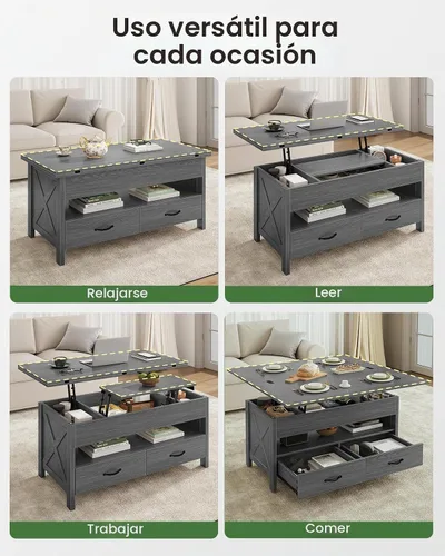 Vista 6 de Marsail Mesa auxiliar elevable, mesa central multifuncional 4 en 1 con compartimento oculto, 2 cajones y estante abierto, altura ajustable para sala