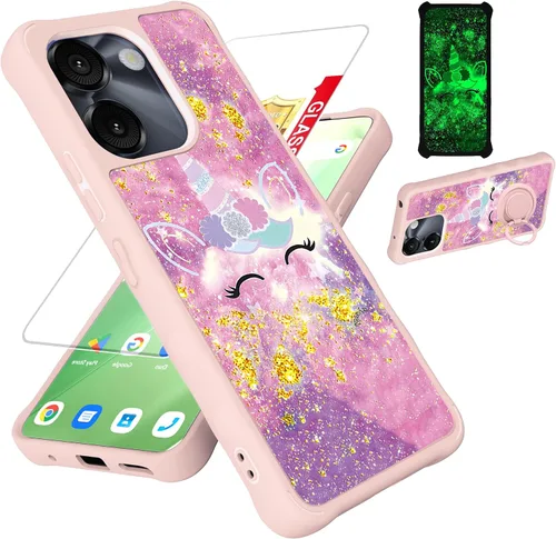 Vista 64 de jioeuinly Funda compatible con Oukitel P1 Pro con protector de pantalla de vidrio templado, policarbonato duro + silicona suave, soporte de anillo