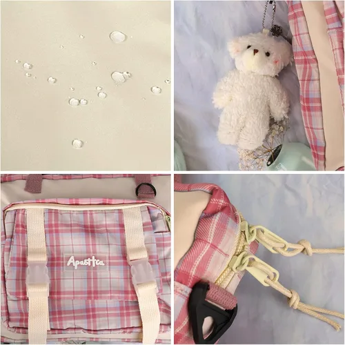Vista 3 de Mochila Kawaii con alfiler de felpa de oso, mochila estética japonesa para la escuela, mochila de regreso a clases