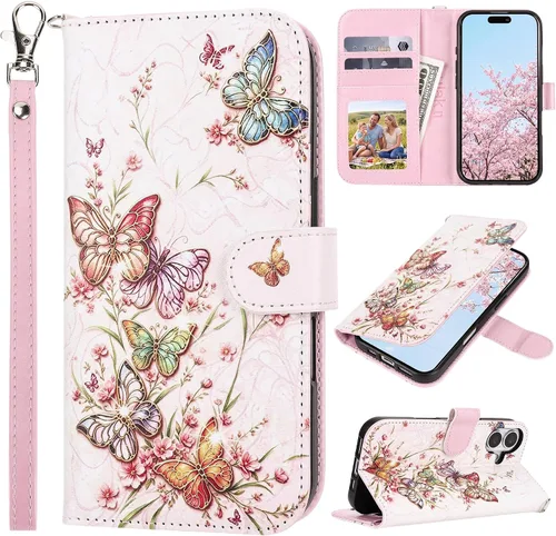 Vista 25 de ULAK Funda tipo billetera compatible con iPhone 15 para mujeres, funda tipo cartera con estampado floral de piel PU premium con porta tarjetas Negro