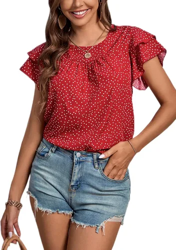 Vista 6 de LYANER Blusa de manga corta con cuello redondo y volantes para mujer