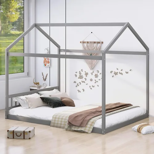 Vista 31 de Cama juguetona en forma de casa de tamaño matrimonial con estantes y luces, marco de cama de metal con techo para niños, adolescentes y adultos, un