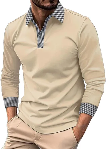 Vista 29 de Polo de manga larga para hombre, diseño casual de algodón con bolsillo, cuello clásico con botón para golf
