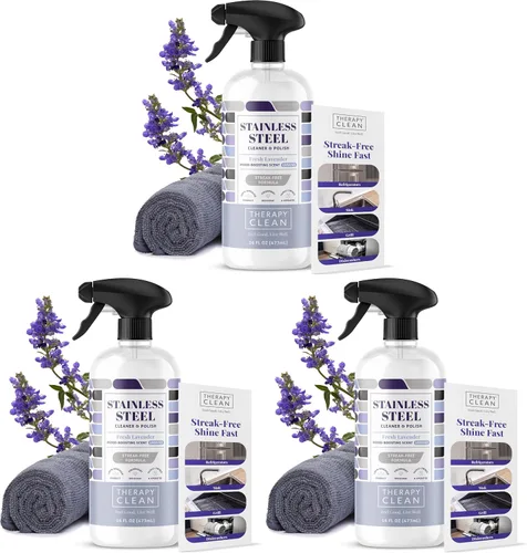 Vista 9 de Limpiador y abrillantador de acero inoxidable Therapy con gamuza de microfibra grande, 16 fl. oz. 100% USDA Biobased. Removes fingerprints &