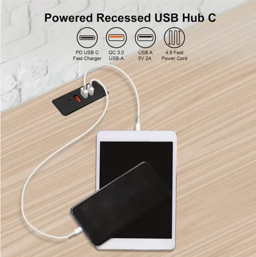 Vista 4 de Enchufe USB C con enchufe empotrado USB C Power Strip Outlet con carga rápida 4 puertos USB 20W montado en la cama escritorio mesa sofá (negro)
