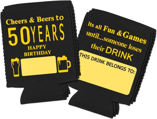 Vista 2 de Yangmics Direct Paquete de 12 fundas para enfriar latas de cumpleaños número 50, suministros para fiesta de cumpleaños de 50 años, color negro