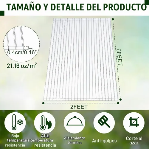Vista 2 de Tatuo Paquete de 5 Paneles de Policarbonato para Invernadero de 6' x 2' x 0.16'' Láminas de Policarbonato Paneles de Techo de Doble Pared