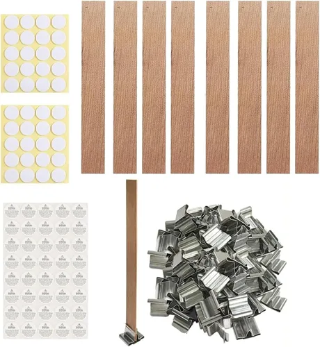 Vista 9 de 120 mechas de madera para velas, madera natural de 0.039 pulgadas de grosor con calcomanías de mecha y clips para hacer velas de bricolaje