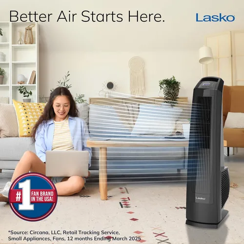 Vista 2 de Lasko Ventilador de torre oscilante de alta velocidad, 3 velocidades potentes, temporizador, rejillas direccionales ajustables, control remoto