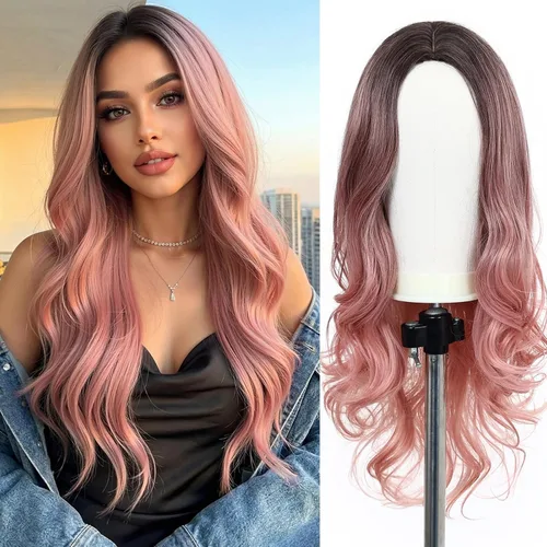 Vista 16 de Esmee Pelucas largas de color castaño rojizo ombré para mujer, peluca de cabello sintético ondulado y rizado natural para uso diario, fiestas
