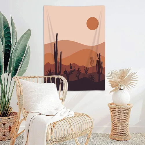 Vista 3 de Tapiz moderno de mediados de siglo, bohemio, de cactus, de montaña, abstracto, vertical, arte de paisaje del desierto, minimalista, amanecer