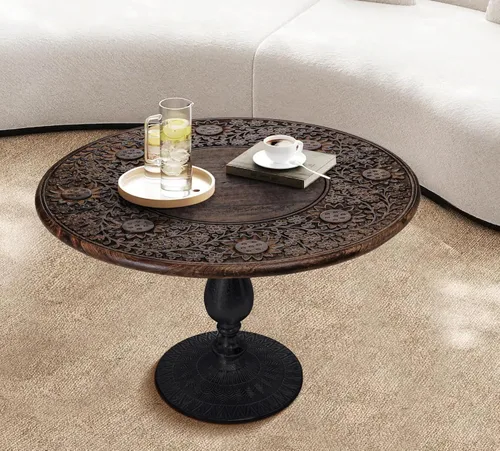 Vista 4 de Mesa de centro de madera maciza tallada a mano de 24 x 24 x 18 pulgadas, mesa de centro moderna con acabado quemado vintage para sala de estar, mesa
