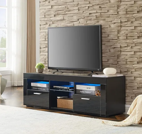 Vista 2 de Moderno soporte de TV negro para televisores de 45, 50, 55 pulgadas, soporte de TV de alto brillo con 16 luces LED, armario de almacenamiento de TV