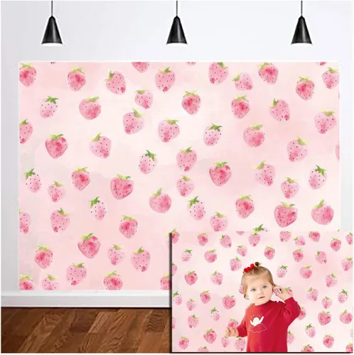 Vista 3 de Telón de fondo de fresa rosa para niñas, decoración de fiesta de cumpleaños, fondo de fotografía de fresa, suministros de baby shower, decoración