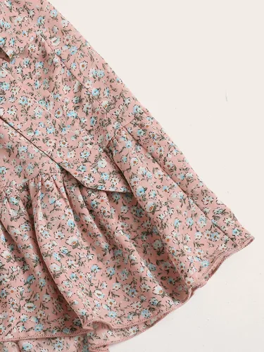 Vista 4 de MakeMeChic - Conjunto de dos piezas para mujer, diseño de falda cruzada y blusa corta con vuelos