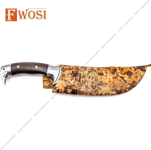 Vista 7 de Kukri Blade - Cuchillo de hoja fija, cuchillo machete Kukri - acero de alto carbono de Leafspring - Mango de palisandro - Funda de cuero marrón