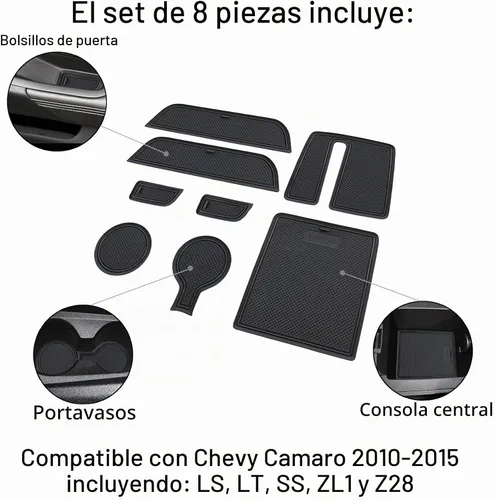Vista 4 de Accesorios para Chevy Camaro 2010-2015 Insertos de Portavasos Interiores Alfombrillas de Forro de Consola Central Forros de Bolsillos de Puerta Negro
