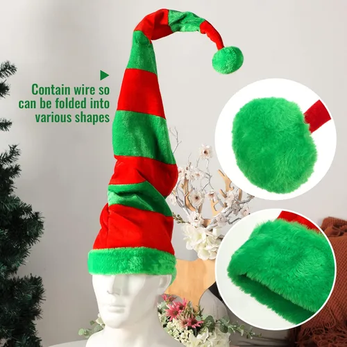 Vista 4 de Hillban 4 piezas de sombreros y orejas de elfo de Navidad, accesorios de gnomo de elfo para disfraz de fiesta de Navidad (estilo a rayas)
