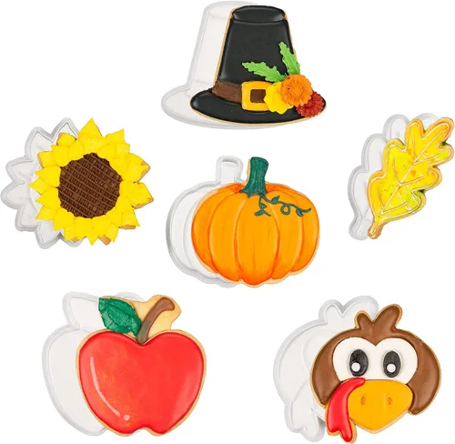 Vista 8 de Cortadores de galletas de otoño de Acción de Gracias, formas de bellotas y hojas con sellos de émbolo, accesorios de horneado de ácido poliláctico