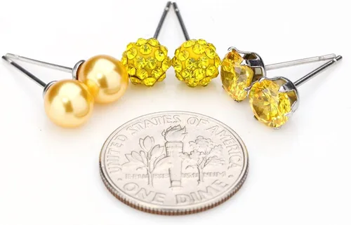 Vista 3 de JewelrieShop - Juego de aretes de tuerca de acero inoxidable con circonitas cúbicas y perlas de imitación, 3 pares de 0.236 in