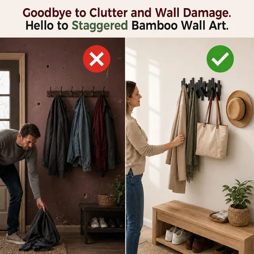 Vista 8 de MinBoo Perchero de Bambú con Múltiples Ganchos - Ganchos Decorativos para Pared Modernos, Únicos, que Ahorran Espacio, Perchero con 4 Ganchos Negro
