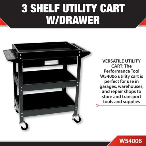 Vista 2 de Performance Tool W54006 - Carrito utilitario de 3 estantes con cajón de 23 pulgadas x 16 pulgadas