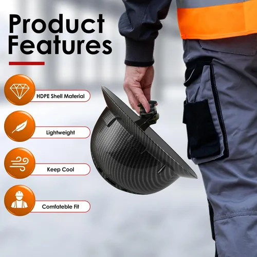 Vista 6 de Zeluga Casco duro de ala completa HDPE, casco de seguridad de construcción con orificios ventilados, suspensión de trinquete ajustable de 6 puntos