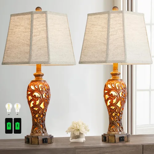 Vista 10 de Lámpara de mesa de granja de 25 pulgadas para sala de estar y dormitorio, lámpara de noche de diseño rústico vintage con 2 puertos USB y luz