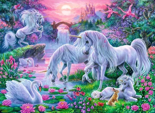 Vista 2 de Ravensburger Rompecabezas de 150 piezas con diseño de unicornios en la puesta de sol para niños, cada pieza es única, las piezas encajan