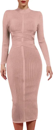 Vista 2 de UONBOX Vestido de manga larga para mujer, con tirantes cruzados, acanalado, para fiesta, club, midi, bodycon