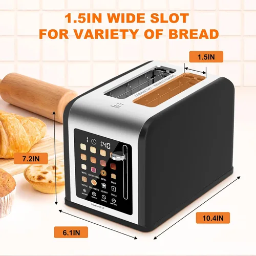 Vista 3 de Tostadora de 2 rebanadas con pantalla táctil, tostadoras de acero inoxidable con temporizador digital, tostadoras de 2 ranuras, 8 ajustes de sombra