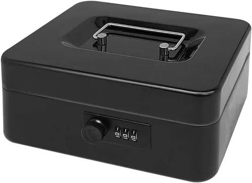 Vista 8 de Caja de efectivo de acero seguro con cerradura de combinación y bandeja extraíble, organizador de dinero de metal para uso doméstico y oficina Negro