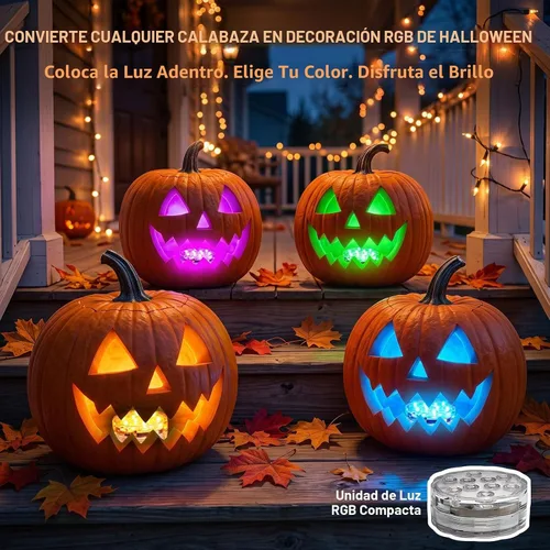 Vista 2 de Luces LED de calabaza con control remoto, 16 colores, 4 modos, funciona con pilas, luces sumergibles que cambian de color, para Halloween, calabaza