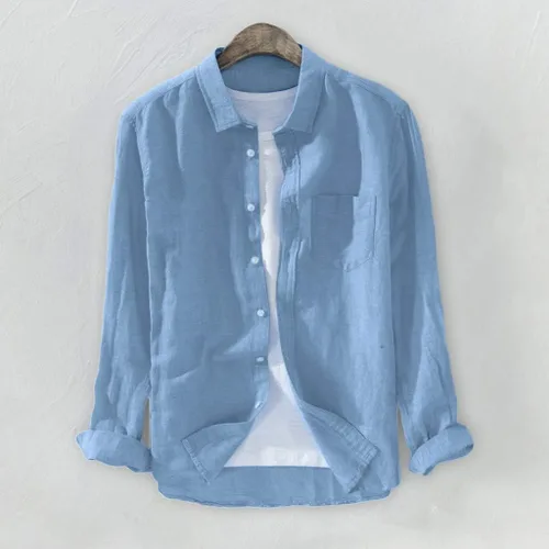 Vista 3 de Men's Long Sleeve Cotton Linen Shirts Casual Plain Simple Loose Button T Shirts Tops with Pocket