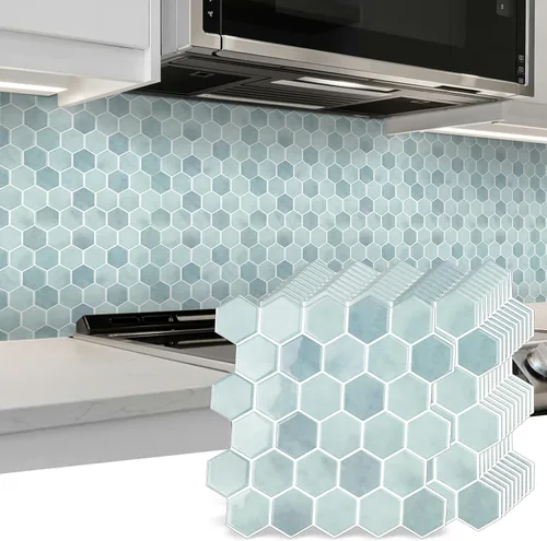Vista 10 de 10 hojas de azulejos hexagonales autoadhesivos para salpicadero de cocina, nuevo diseño premium extra grueso 3D, azulejos de pared autoadhesivos
