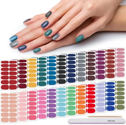 Vista 11 de Tiras de esmalte de uñas, color sólido, 24 hojas de calcomanías adhesivas de esmalte de uñas, envolturas completas de uñas de gel para mujeres