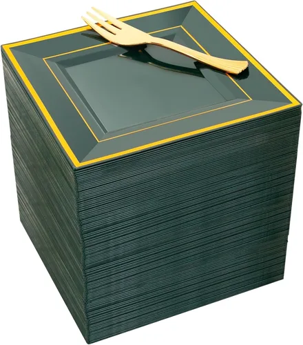 Vista 11 de Platos de postre de plástico plateado con tenedores de plástico, 100 platos cuadrados desechables para aperitivos, platos pequeños con borde Blanco