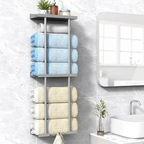 Vista 14 de Liuoud Toallero para Baño, Organizador Portador de Almacenamiento de Toallas Enrolladas Vertical Montado en la Pared con Estante, Sostiene Hasta 6