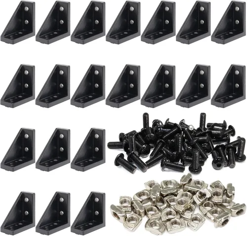 Vista 10 de 10 juegos de perfiles de extrusión de aluminio de la serie 2020, soportes en L de ángulo recto negro con tuercas y pernos de ranura en T M5