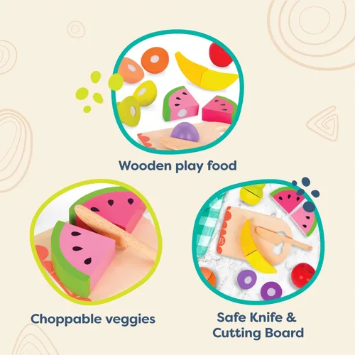 Vista 4 de B. toys Chop 'N' Play - Comida de madera para jugar, frutas, cuchillo