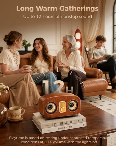Vista 3 de LENURE Altavoz Bluetooth retro, sonido rico de 20 W, tiempo de reproducción Marrón