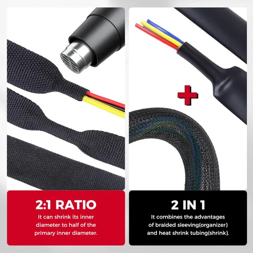 Vista 5 de Tubo de tela trenzada termorretráctil 2 en 1, ajuste ideal para manguera/cable/alambre de forma irregular (1-1/8 pulgadas, 14 pies)