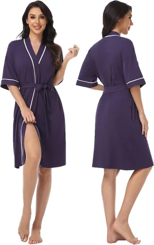 Vista 2 de COLORFULLEAF Bata corta de bambú para mujer, ligera, de algodón, de punto suave, con bolsillos