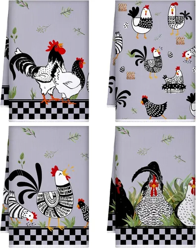 Vista 15 de Geyoga 4 toallas de cocina de pollo, gallo, toallas de mano con animales de granja, vaca, vintage, rústico, paño de té para primavera, Pascua, baño