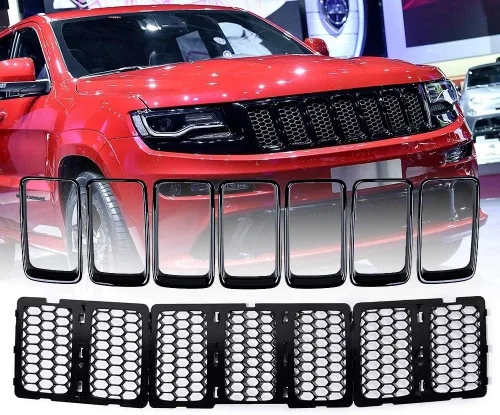 Vista 13 de Juego de 7 piezas de insertos de parrilla delantera negra estilo malla de panal compatible con Jeep Cherokee 2014-2018 Malla negra mate + ribete