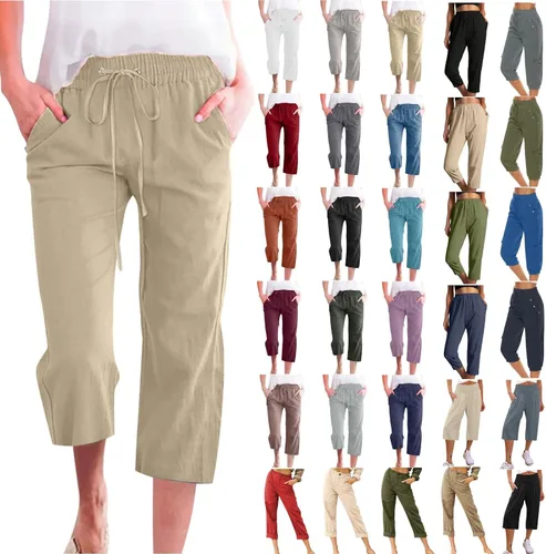 Vista 6 de WKSCLPAI Pantalones capri para mujer, casuales, de verano, talla grande, de lino, cintura alta, con cordón, pantalones cortos con bolsillos