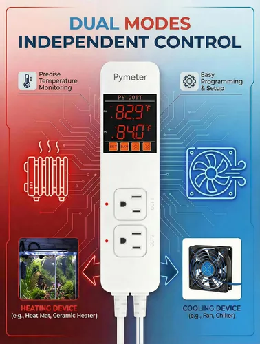 Vista 3 de Controlador digital de temperatura, termostato de reptil de sonda doble, salida controlada para tapete térmico de terrario, almohadilla