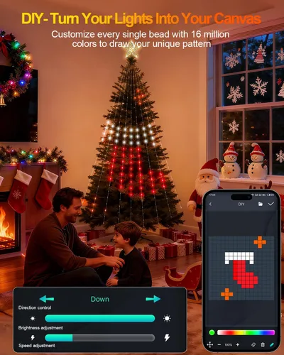 Vista 3 de Serie de luces inteligentes para árbol de Navidad, espectáculo de luces LED de cambio de color DIY, 7.9 pies, 200+ escenas, cascada de luces