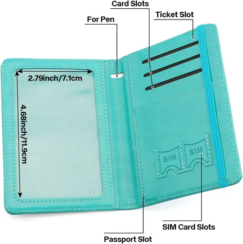 Vista 5 de Soporte para pasaporte y tarjetero de vacuna, cartera para pasaporte, funda para pasaporte con bloqueo RFID, Azul lago, Compacto